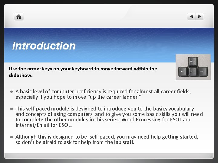 Introduction Use the arrow keys on your keyboard to move forward within the slideshow.