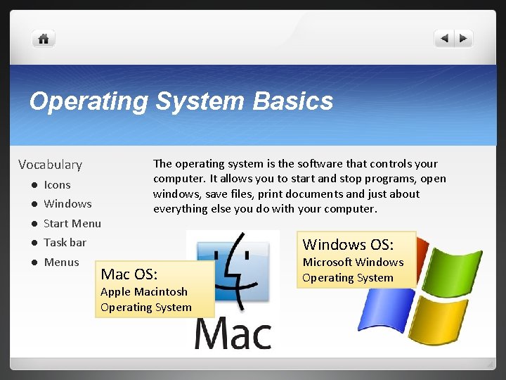 Operating System Basics Vocabulary l Icons l Windows l Start Menu l Task bar