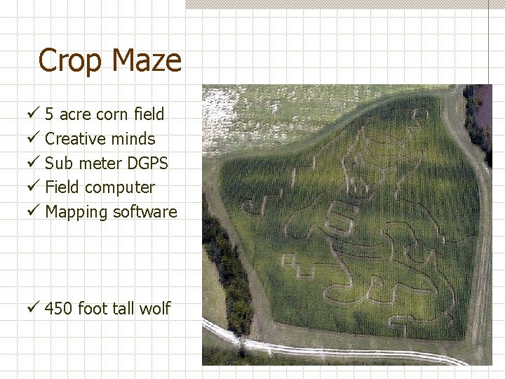 Crop Maze ü 5 acre corn field ü Creative minds ü Sub meter DGPS
