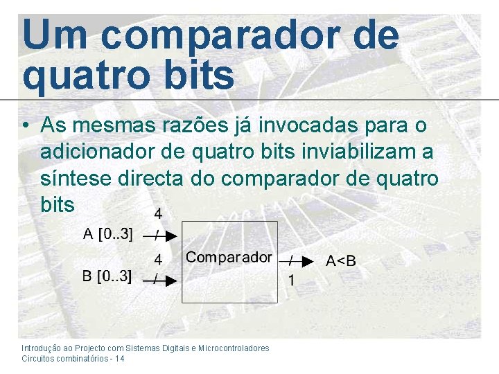 Um comparador de quatro bits • As mesmas razões já invocadas para o adicionador