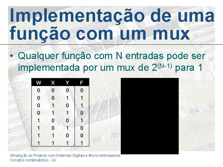 Implementação de uma função com um mux • Qualquer função com N entradas pode