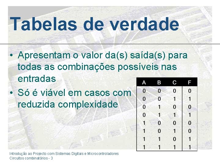 Tabelas de verdade • Apresentam o valor da(s) saída(s) para todas as combinações possíveis