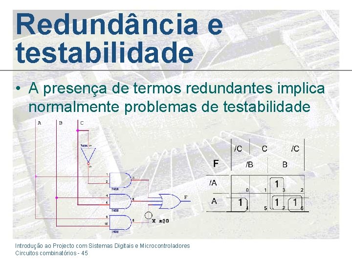 Redundância e testabilidade • A presença de termos redundantes implica normalmente problemas de testabilidade