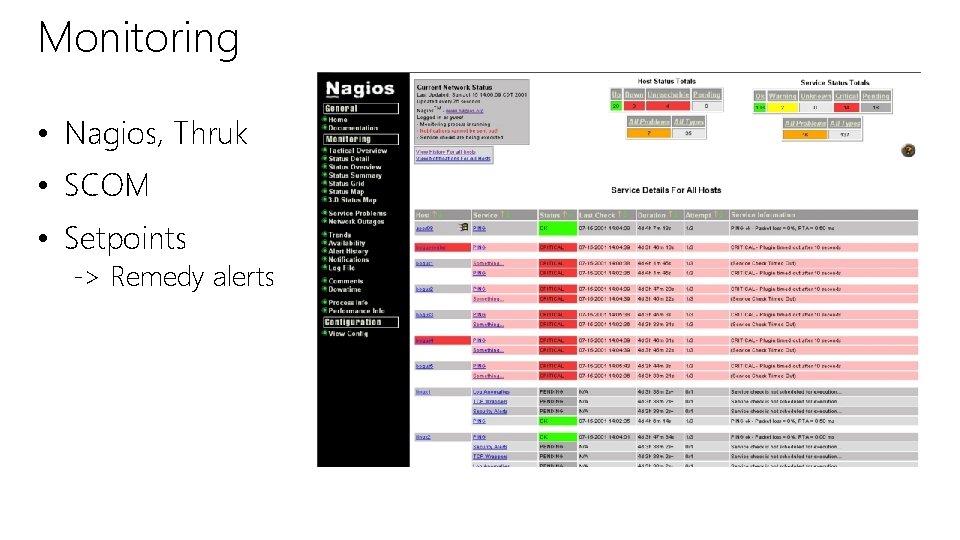 Monitoring • Nagios, Thruk • SCOM • Setpoints -> Remedy alerts 