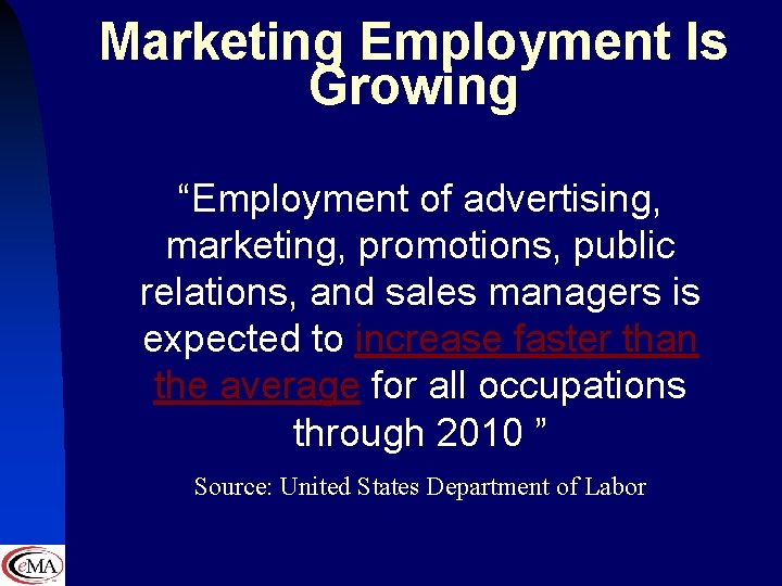 Marketing Employment Is Growing “Employment of advertising, marketing, promotions, public relations, and sales managers