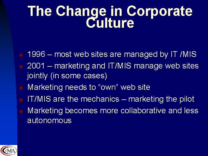 The Change in Corporate Culture n n n 1996 – most web sites are