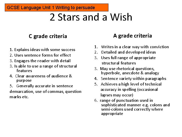 GCSE Language Unit 1 Writing to persuade 2 Stars and a Wish C grade