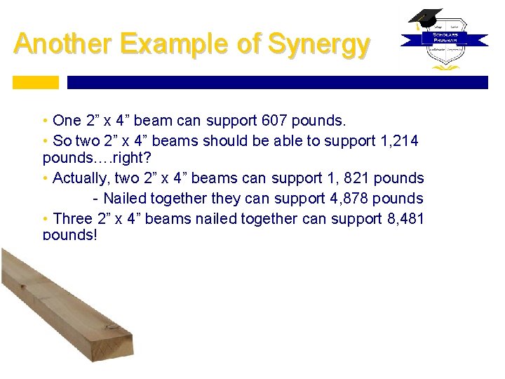 Another Example of Synergy • One 2” x 4” beam can support 607 pounds.
