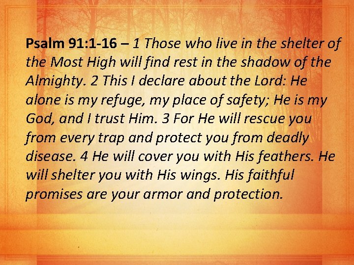 Psalm 91: 1 -16 – 1 Those who live in the shelter of the