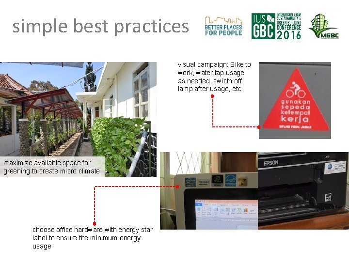 simple best practices visual campaign: Bike to work, water tap usage as needed, swicth