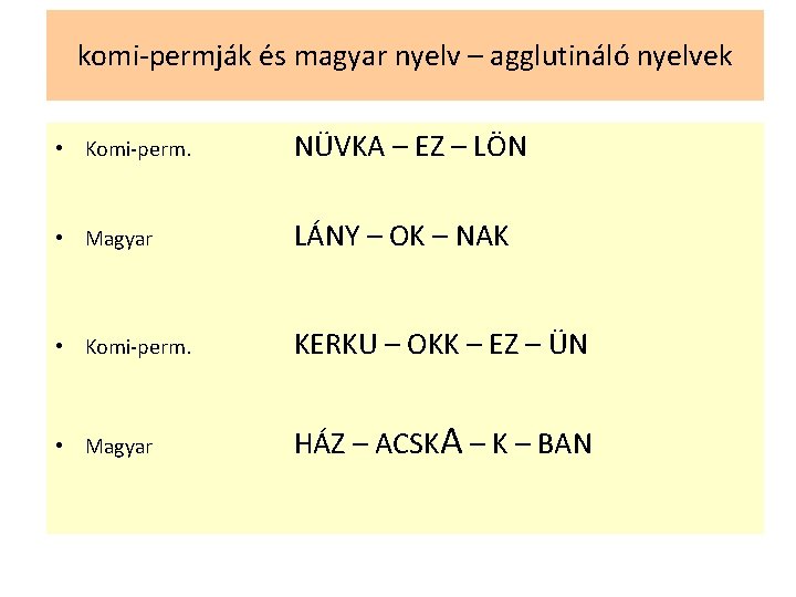 komi-permják és magyar nyelv – agglutináló nyelvek • Komi-perm. NÜVKA – EZ – LÖN