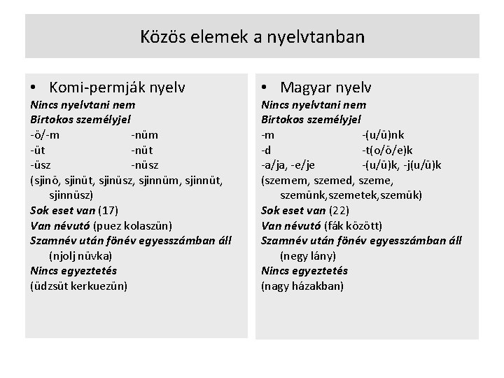 Közös elemek a nyelvtanban • Komi-permják nyelv Nincs nyelvtani nem Birtokos személyjel -ö/-m -nüm Közös elemek a nyelvtanban • Komi-permják nyelv Nincs nyelvtani nem Birtokos személyjel -ö/-m -nüm