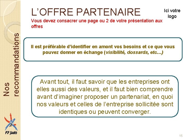 L’OFFRE PARTENAIRE Nos recommandations Vous devez consacrer une page ou 2 de votre présentation