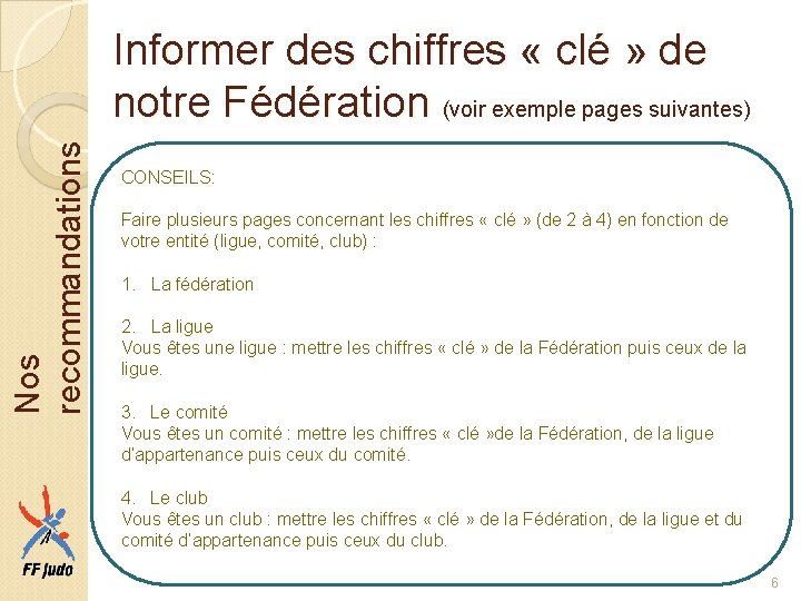 Nos recommandations Informer des chiffres « clé » de notre Fédération (voir exemple pages