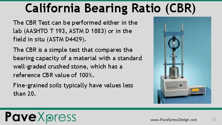 California Bearing Ratio (CBR) The CBR Test can be performed either in the lab