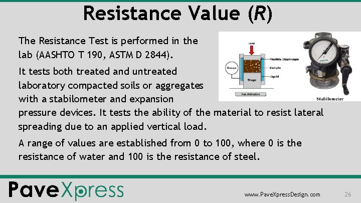 Resistance Value (R) The Resistance Test is performed in the lab (AASHTO T 190,