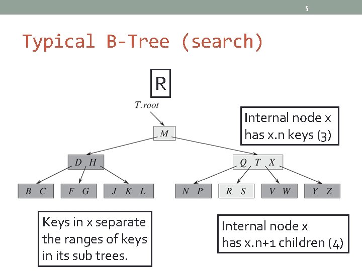 5 Typical B-Tree (search) R Internal node x has x. n keys (3) Keys