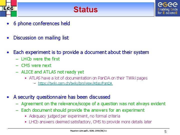 Status • 6 phone conferences held • Discussion on mailing list • Each experiment