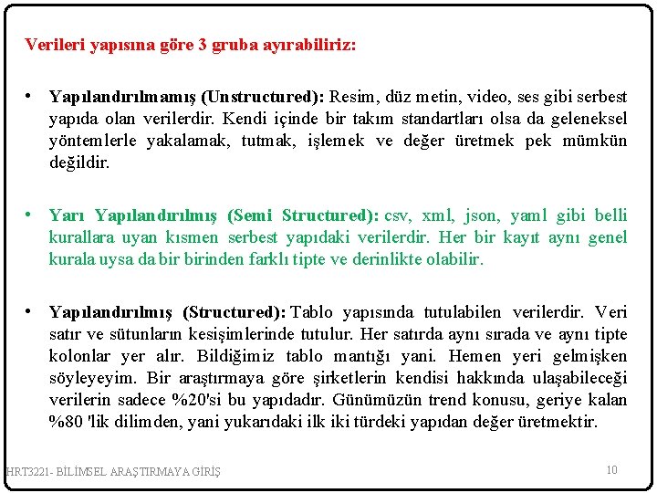 Verileri yapısına göre 3 gruba ayırabiliriz: • Yapılandırılmamış (Unstructured): Resim, düz metin, video, ses