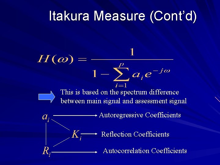 Itakura Measure (Cont’d) This is based on the spectrum difference between main signal and