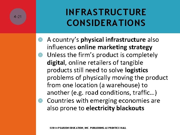 INFRASTRUCTURE CONSIDERATIONS 4 -21 A country’s physical infrastructure also influences online marketing strategy Unless