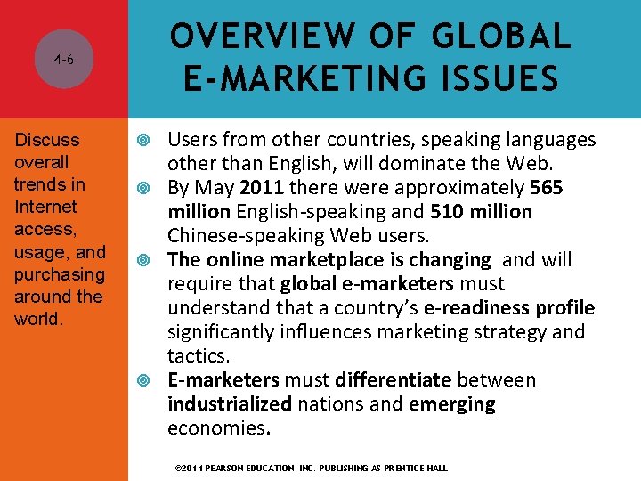 OVERVIEW OF GLOBAL E-MARKETING ISSUES 4 -6 Discuss overall trends in Internet access, usage,