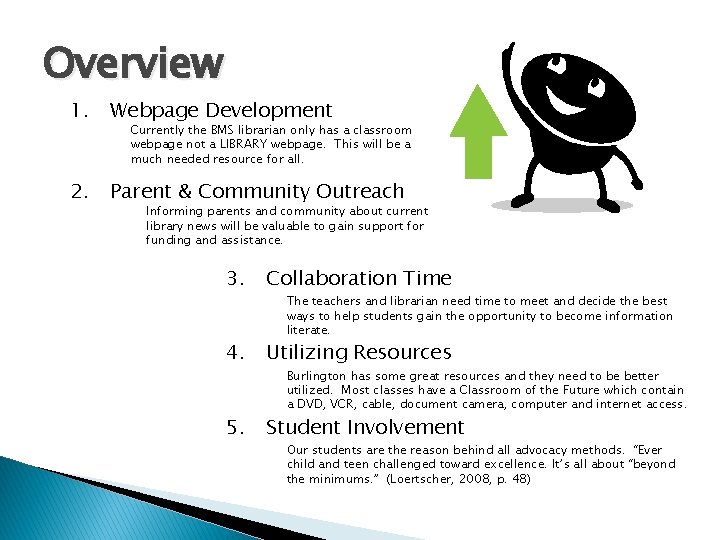 Overview 1. Webpage Development 2. Parent & Community Outreach Currently the BMS librarian only
