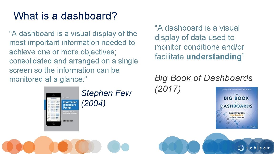 What is a dashboard? “A dashboard is a visual display of the most important