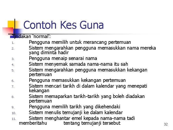 Contoh Kes Guna Tindakan ‘normal’: 1. Pengguna memilih untuk merancang pertemuan 2. Sistem mengarahkan