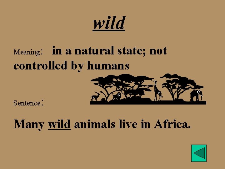 wild in a natural state; not controlled by humans Meaning: Sentence : Many wild