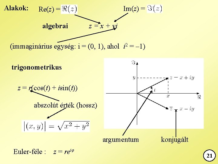 Alakok: Im(z) = Re(z) = algebrai z = x + yi (immaginárius egység: i