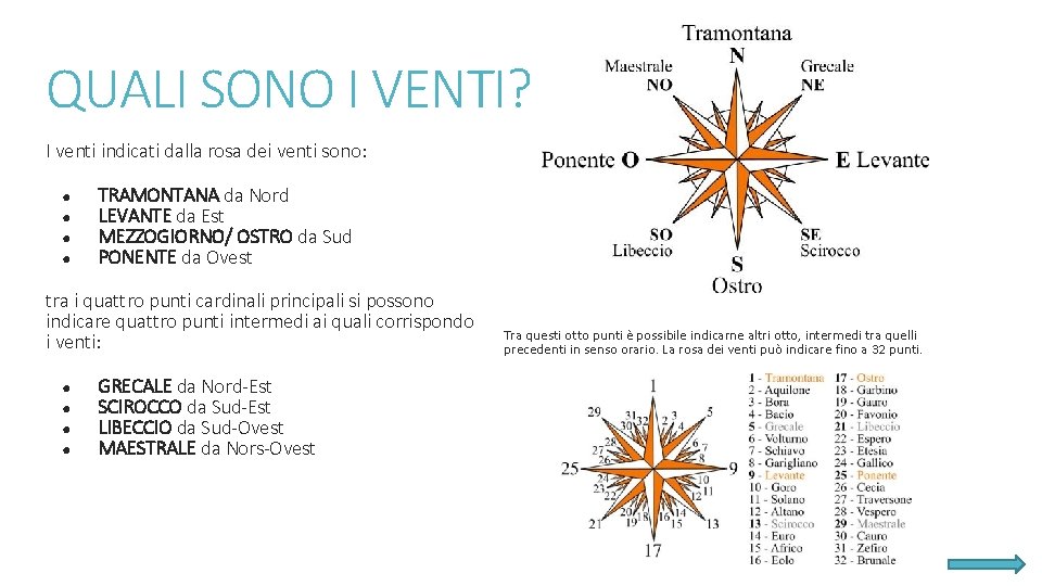 QUALI SONO I VENTI? I venti indicati dalla rosa dei venti sono: ● ●