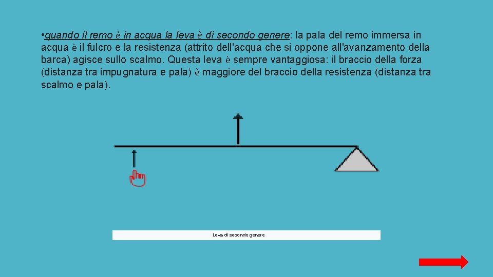  • quando il remo è in acqua la leva è di secondo genere: