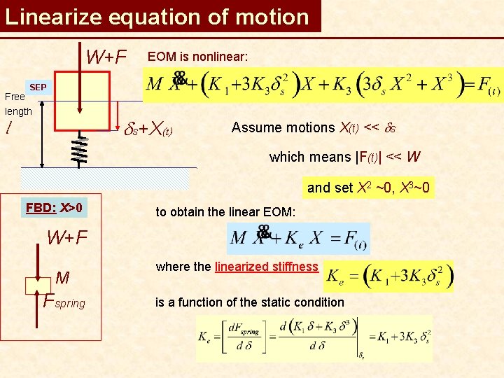 Linearize equation of motion W+F EOM is nonlinear: SEP Free length ds+X(t) l Assume