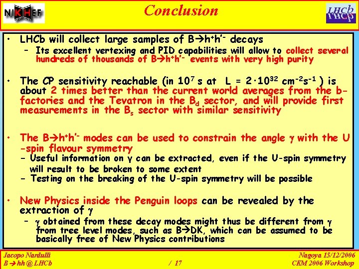 Conclusion • LHCb will collect large samples of B h+h’- decays – Its excellent