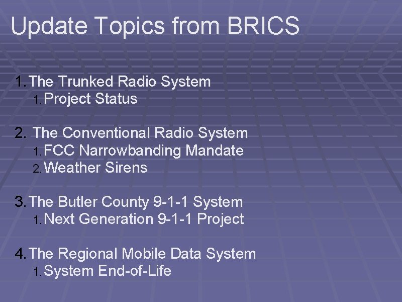Update Topics from BRICS 1. The Trunked Radio System 1. Project Status 2. The
