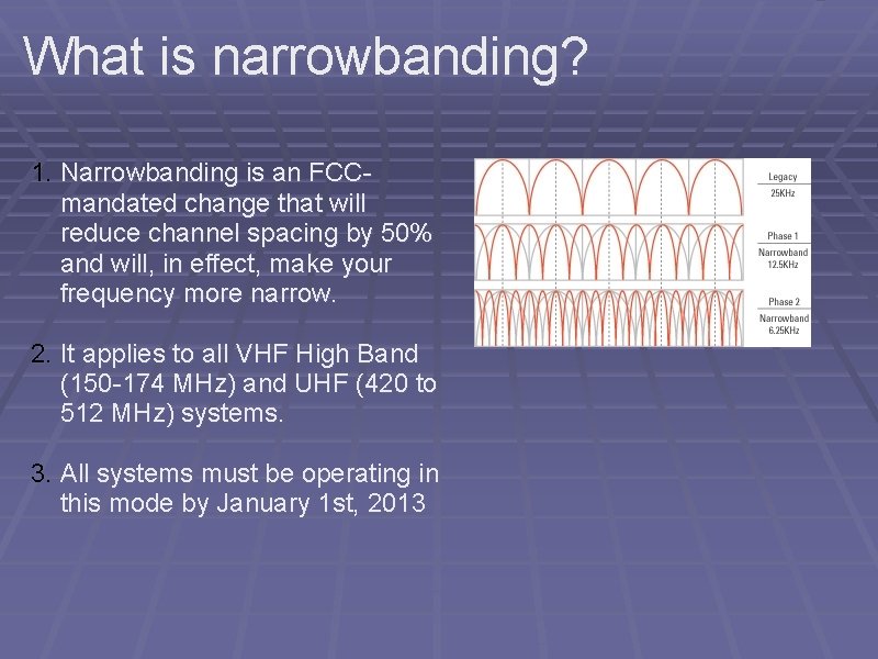 What is narrowbanding? 1. Narrowbanding is an FCCmandated change that will reduce channel spacing