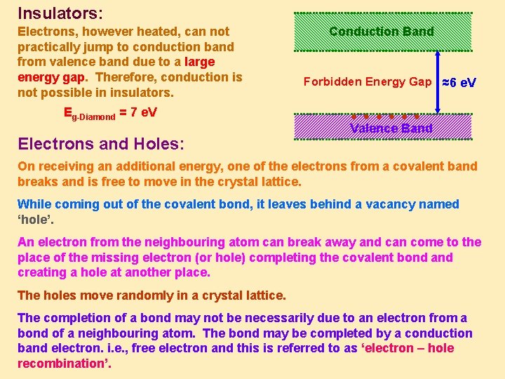 Insulators: Electrons, however heated, can not practically jump to conduction band from valence band