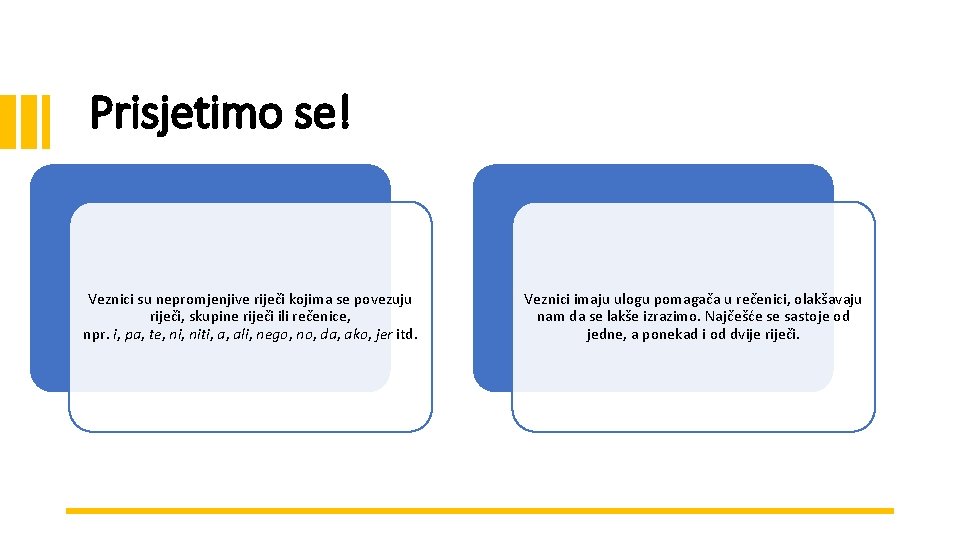 Prisjetimo se! Veznici su nepromjenjive riječi kojima se povezuju riječi, skupine riječi ili rečenice,