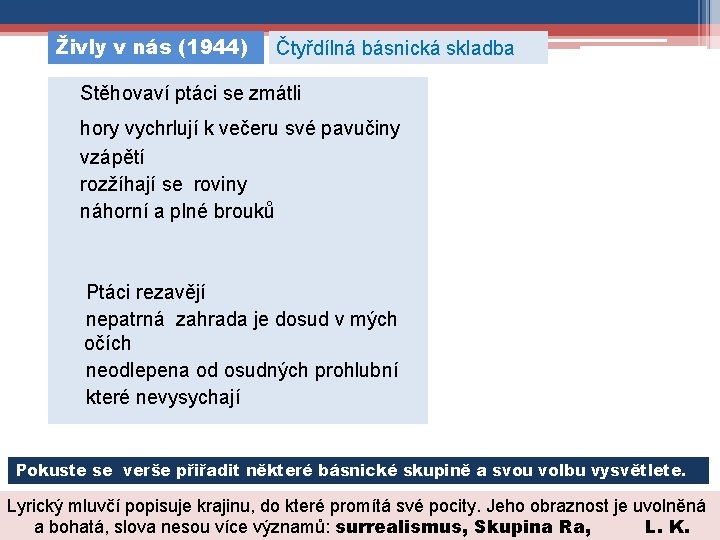 Živly v nás (1944) Čtyřdílná básnická skladba Stěhovaví ptáci se zmátli hory vychrlují k