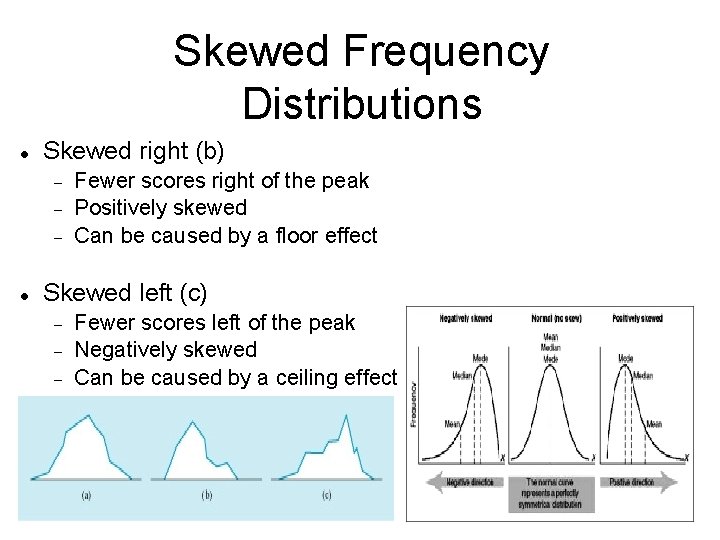 Skewed Frequency Distributions Skewed right (b) Fewer scores right of the peak Positively skewed