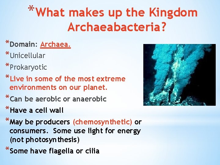 *What makes up the Kingdom Archaeabacteria? *Domain: Archaea. *Unicellular *Prokaryotic *Live in some of