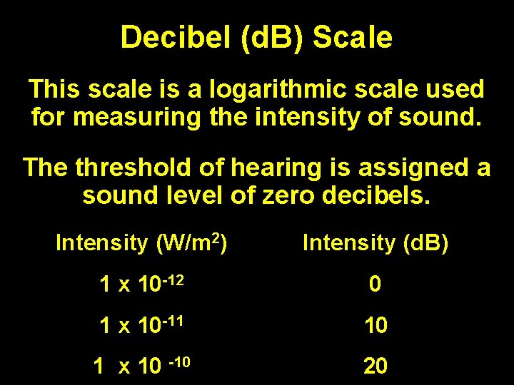 Decibel (d. B) Scale This scale is a logarithmic scale used for measuring the