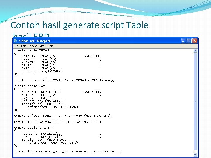 Contoh hasil generate script Table hasil ERD 