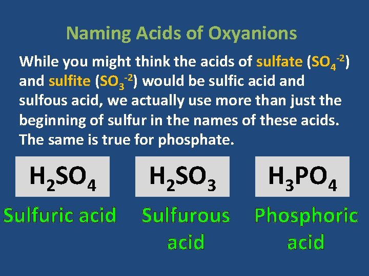 Naming Acids of Oxyanions While you might think the acids of sulfate (SO 4