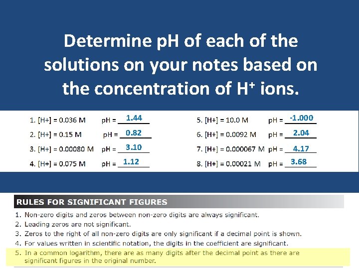 Determine p. H of each of the solutions on your notes based on the Determine p. H of each of the solutions on your notes based on the