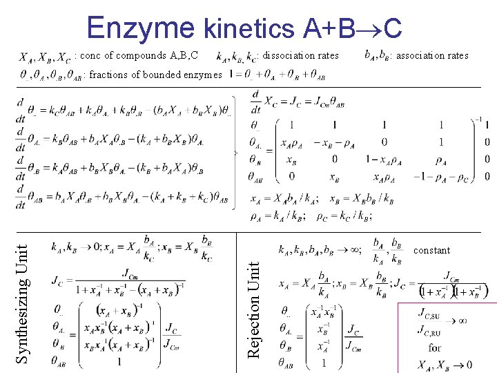 Enzyme kinetics A+B C : conc of compounds A, B, C : dissociation rates