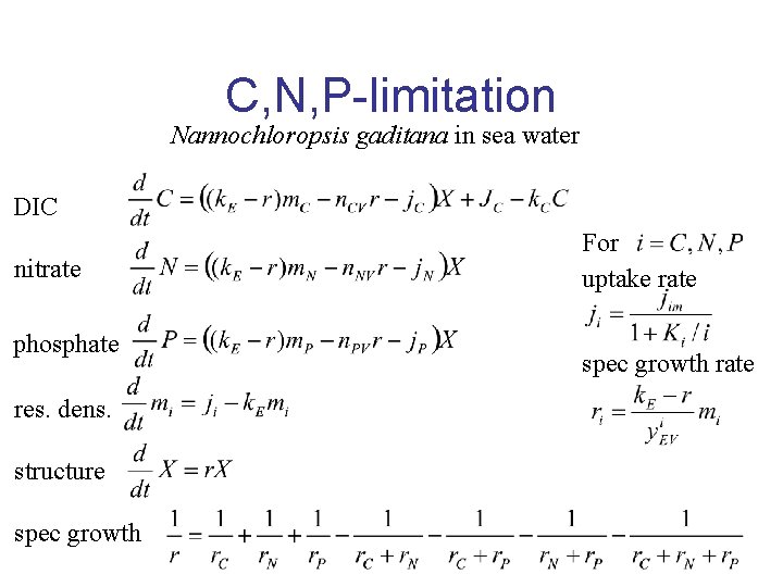 C, N, P-limitation Nannochloropsis gaditana in sea water DIC nitrate phosphate res. dens. structure