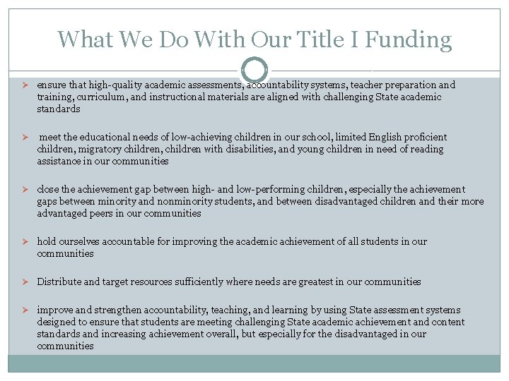 What We Do With Our Title I Funding Ø ensure that high-quality academic assessments,