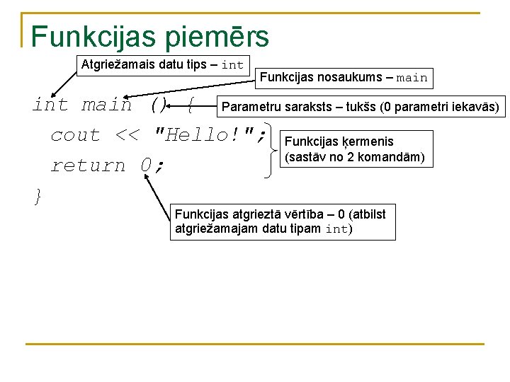 Funkcijas piemērs Atgriežamais datu tips – int Funkcijas nosaukums – main int main () Funkcijas piemērs Atgriežamais datu tips – int Funkcijas nosaukums – main int main ()
